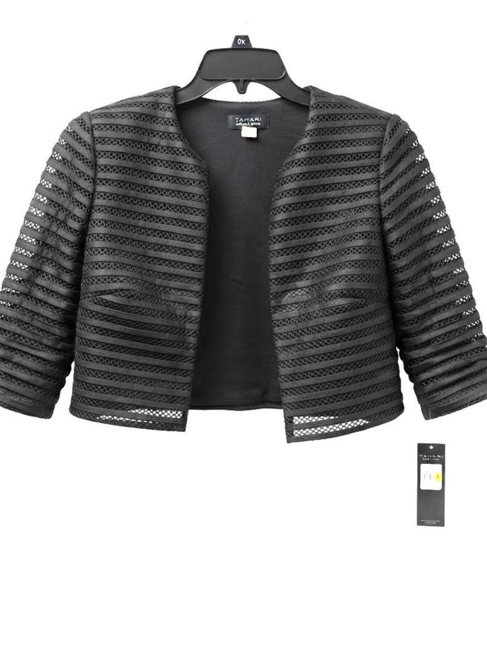 Tahari Black Open-Front Cropped Lace-Stripe Jacket 2